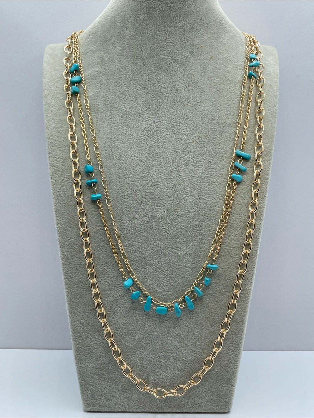 Gold Tone Turquoise Stone Layered Chain Necklace Boho Statement